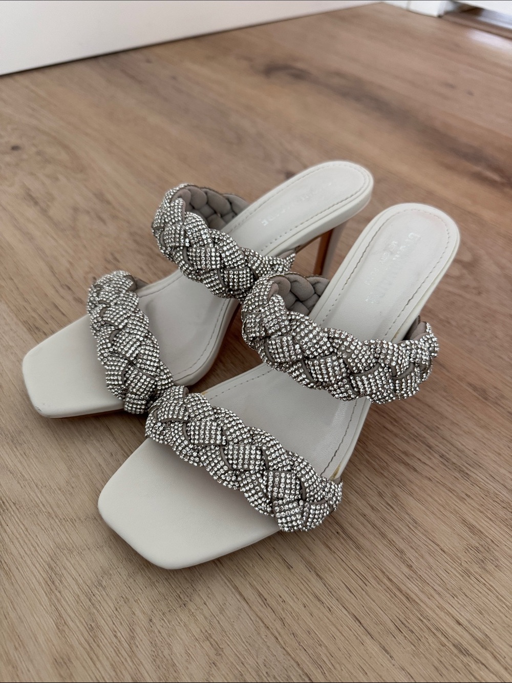 Crystal Braided Double-Strap Off-White Heeled Mules